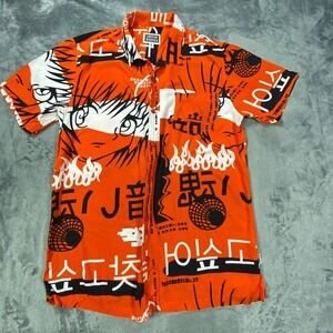 Anime Graphic Shirt Medium Orange Japanese Harajuku Streetwear Button Up Graphic